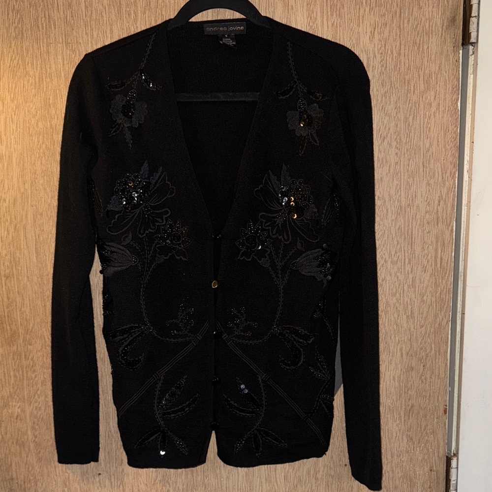 Andrea Jovine Black Wool Sequin Floral Cardigan/Size S